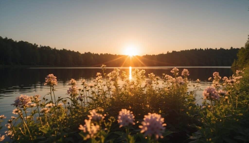 A sun rising over a tranquil lake, with colorful flowers blooming on the shore. A gentle breeze carries a sweet fragrance through the air