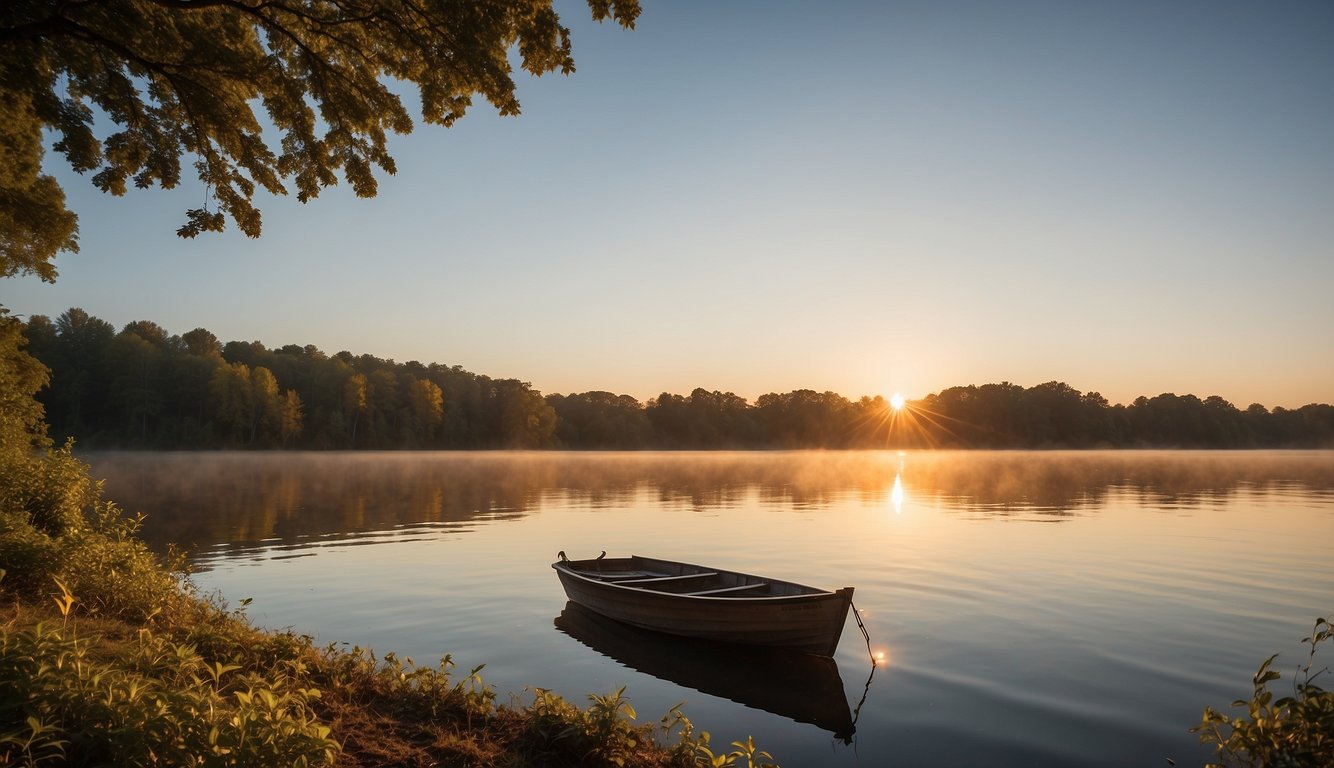 A sunrise over a calm lake, with a gentle breeze rustling the leaves of nearby trees, as a small boat floats peacefully on the water