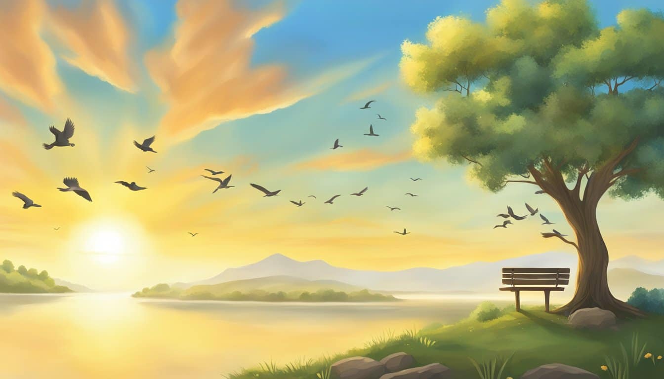 A bright sunrise over a serene landscape with a tree and birds, a message board with "good morning" written for a son