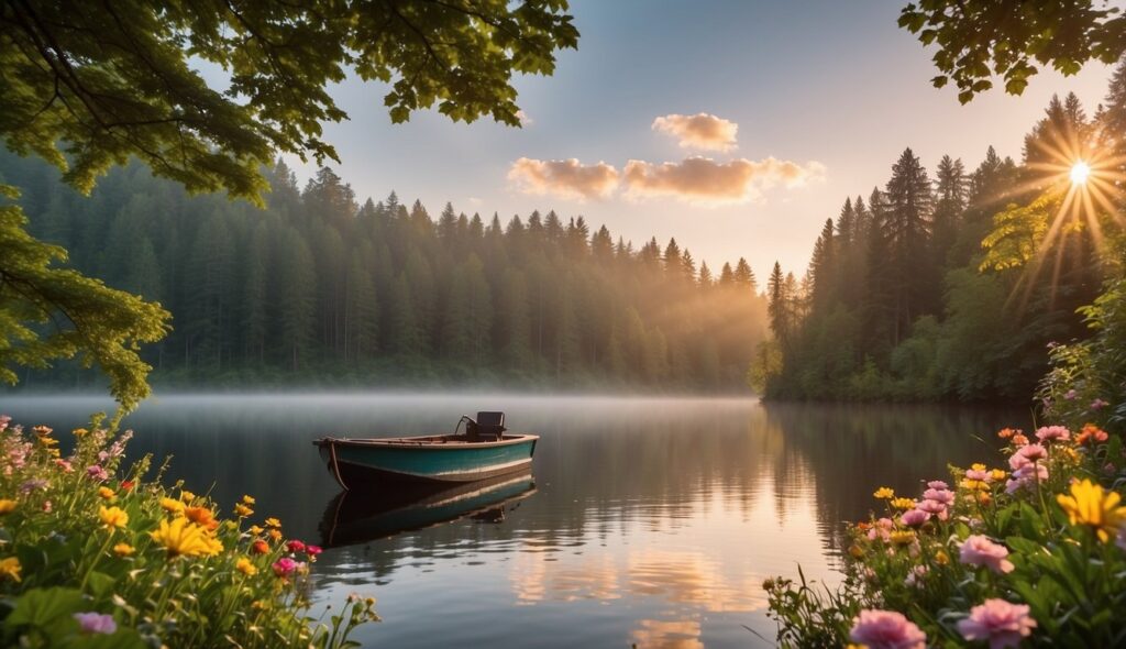 A bright sunrise over a calm lake with a small boat and a fishing rod, surrounded by lush green trees and colorful flowers