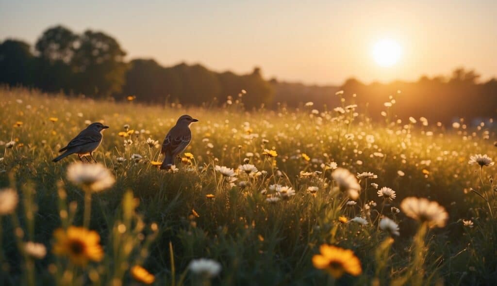 A bright sun rises over a flower-filled meadow, with birds chirping to be sent with an inspirational good more quote for her