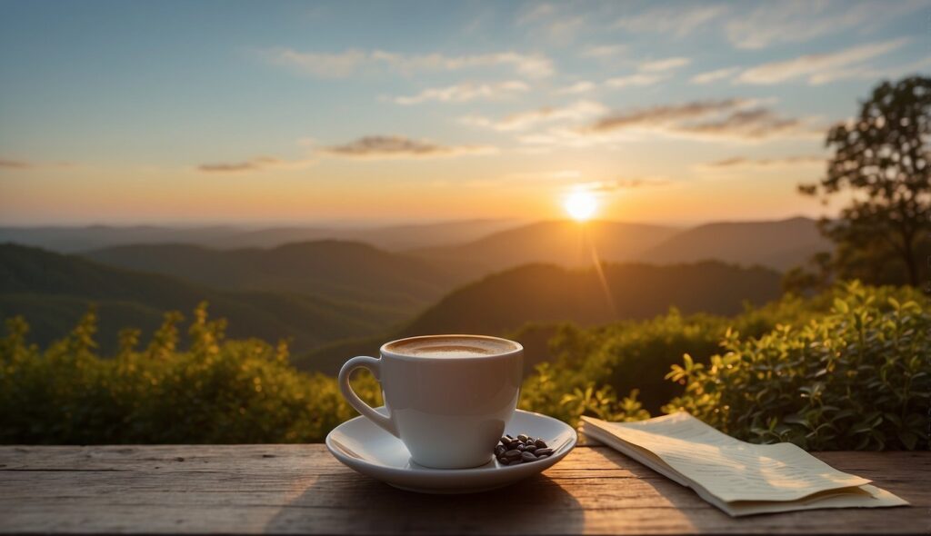 Sunrise over a serene landscape with a cup of coffee and a note with "Good Morning" message for him