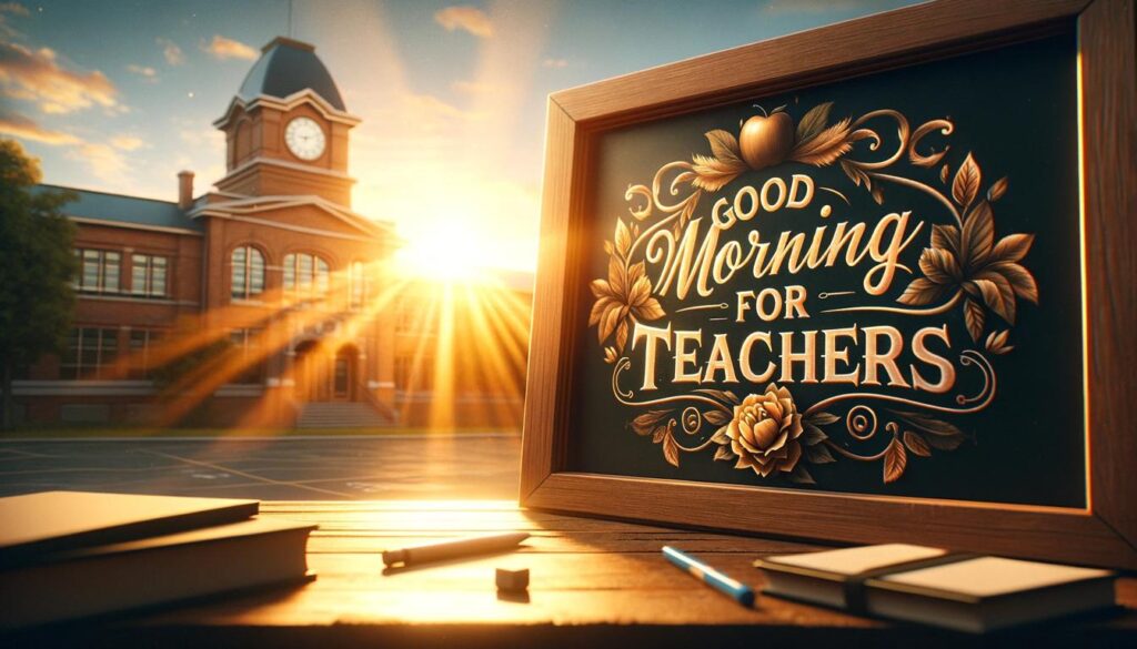 A bright sunrise over a school building with a chalkboard displaying "Good Morning For Teachers" message.