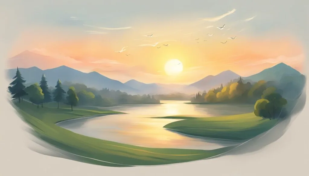A serene sunrise over a tranquil landscape, with a handwritten note floating in the breeze, conveying heartfelt good morning wishes for an ex-boyfriend
