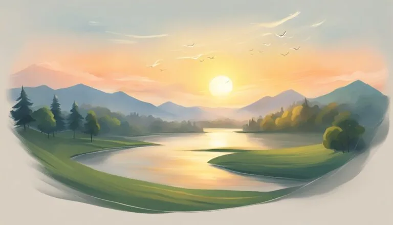 A serene sunrise over a tranquil landscape, with a handwritten note floating in the breeze, conveying heartfelt good morning messages for ex boyfriend