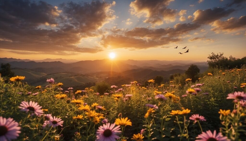 A colorful sunrise over a serene landscape with birds chirping and flowers blooming, conveying a sense of warmth and love for good morning messages for sister