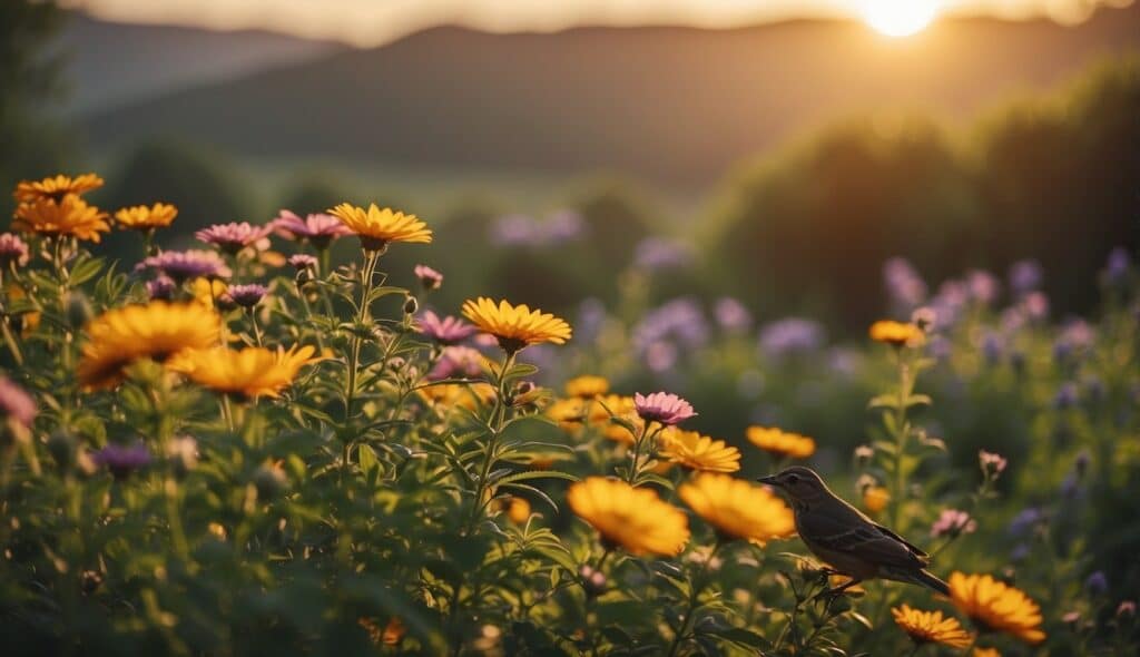 A bright sun rises over a tranquil landscape, with colorful flowers blooming and birds chirping in the background, creating a peaceful and joyful atmosphere