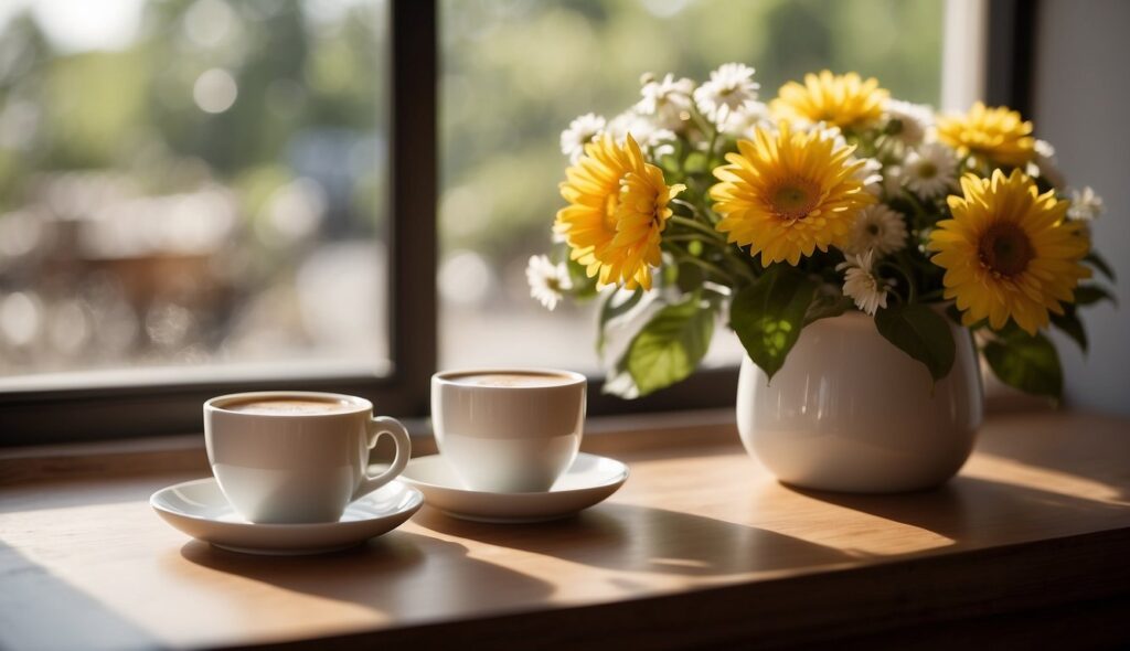A table set with a steaming cup of coffee, a handwritten note, and a vase of fresh flowers, with sunlight streaming through the window
