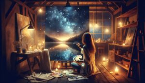 Liora, painter of dreams "female painter in her cozy studio, capturing the magical moment as she paints a serene, starlit lake scene"