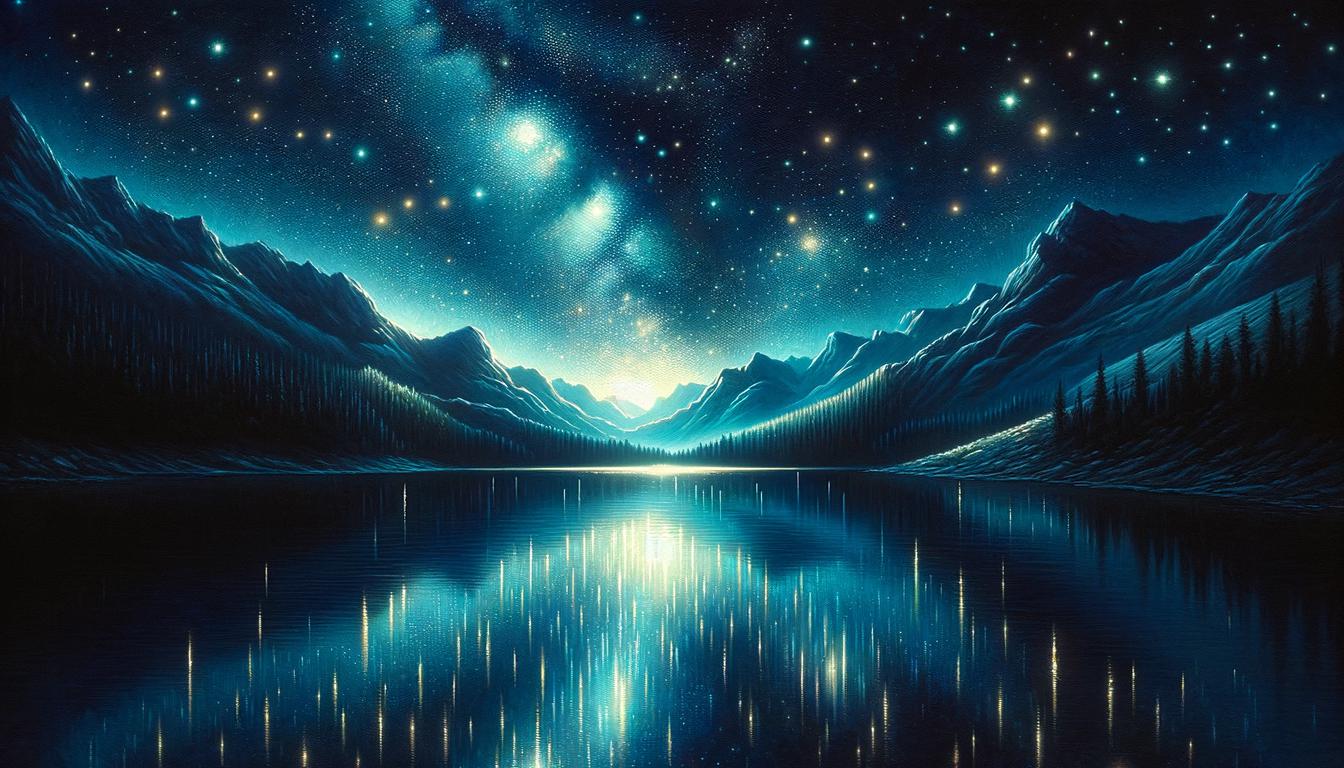 image of a serene lake at night, illuminated by a constellation of stars shimmering both in the sky and in the water