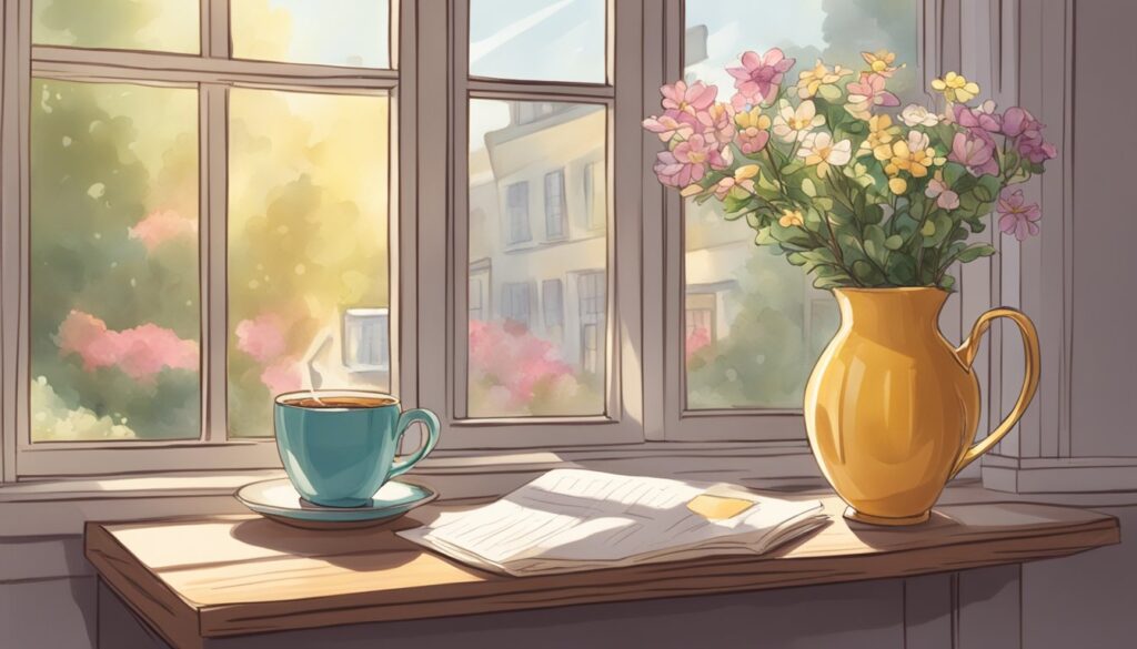 A sunlit window with a vase of fresh flowers, a steaming cup of coffee, and a handwritten note that reads "Good morning, my dear ex-boyfriend."
