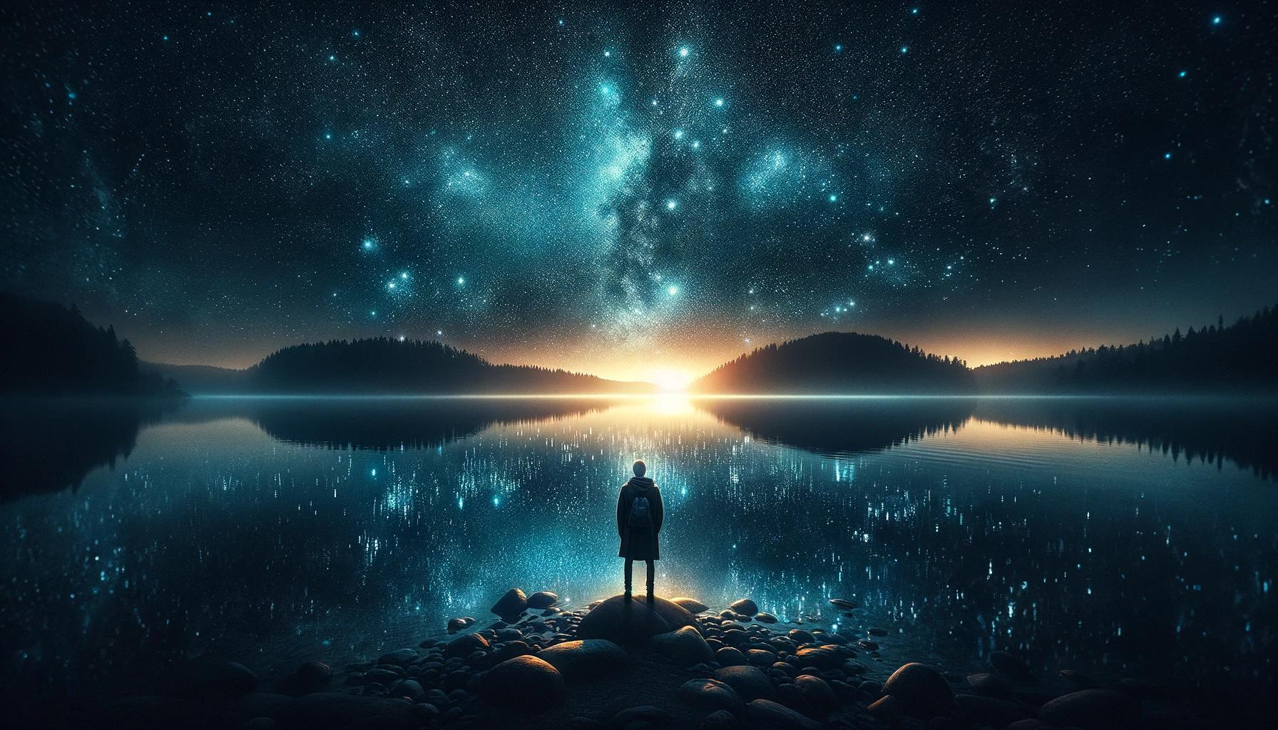 person standing at the edge of a serene lake, under the ethereal glow of a starry constellation in "The Painter of Dreams" bedtime story.