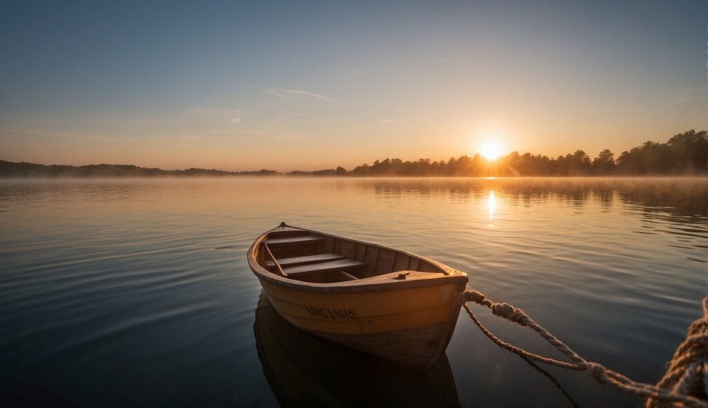 Sunrise over a calm lake, with a small boat drifting peacefully. A phone displaying "Good morning" texts lies on the boat's deck
