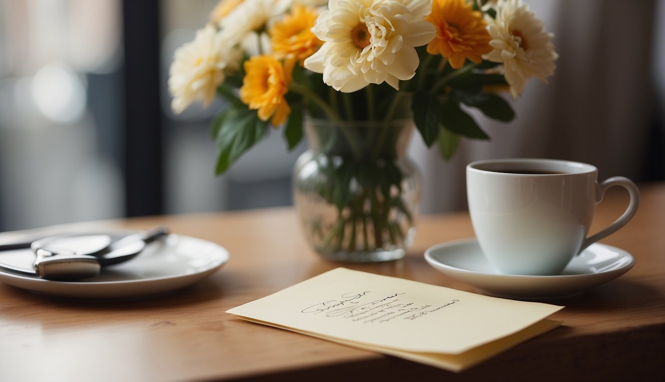 A hand-written note with "Sorry" and "Good Morning" on a table, surrounded by a cup of coffee and a vase of flowers