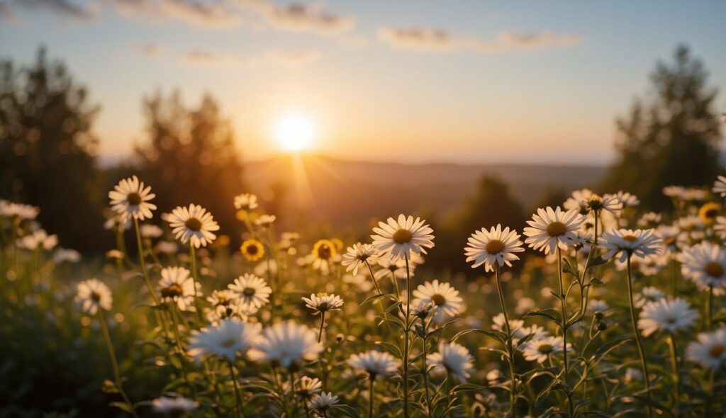 A sun rising over a tranquil landscape with flowers and birds, to send a sweet good morning message to her