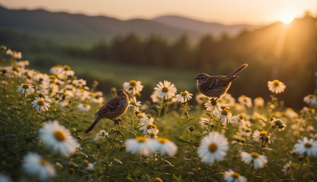 A sun rising over a serene landscape, with birds chirping and flowers blooming. A peaceful and hopeful atmosphere, perfect for conveying sweet good morning messages for him with prayers