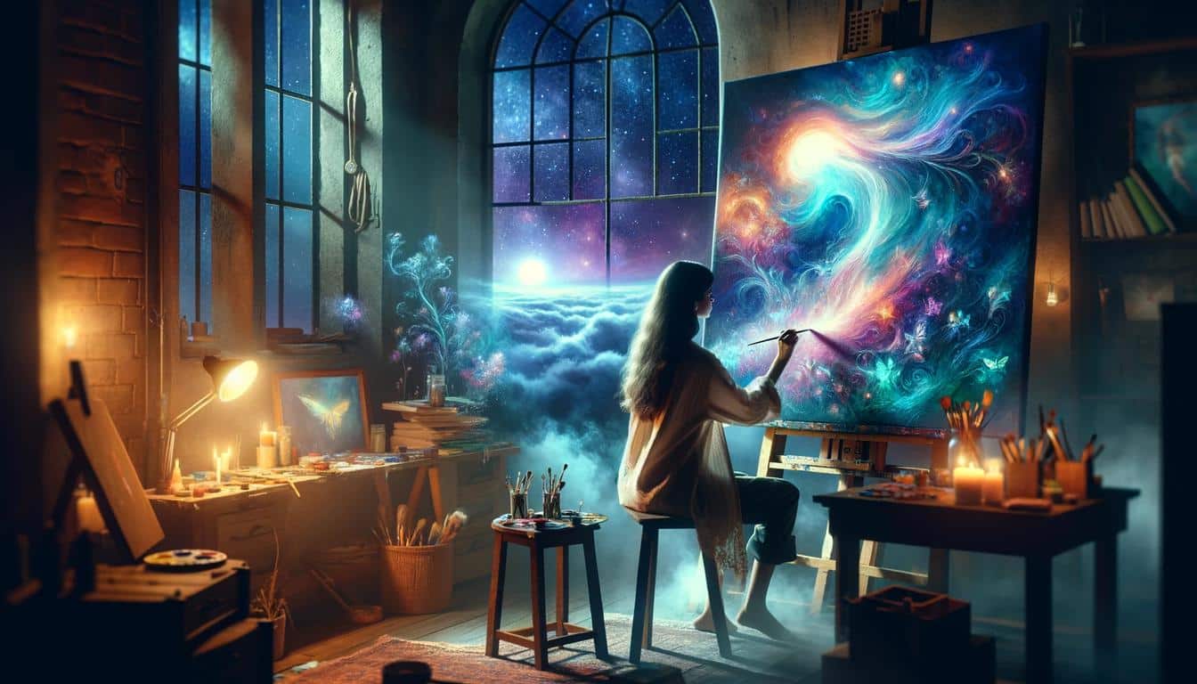 female artist painting as she brings to life a dreamscape on her canvas