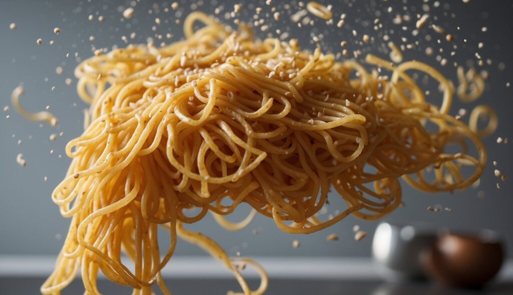 Spaghetti is being thrown at a wall to see it sticks, creating a messy splatter pattern