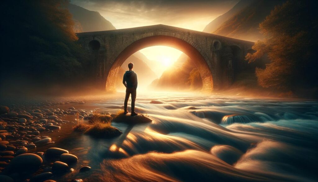a person in a moment of contemplation, standing by a river and watching the water flow under an old stone bridge. This scene symbolising the idiom "water under the bridge"