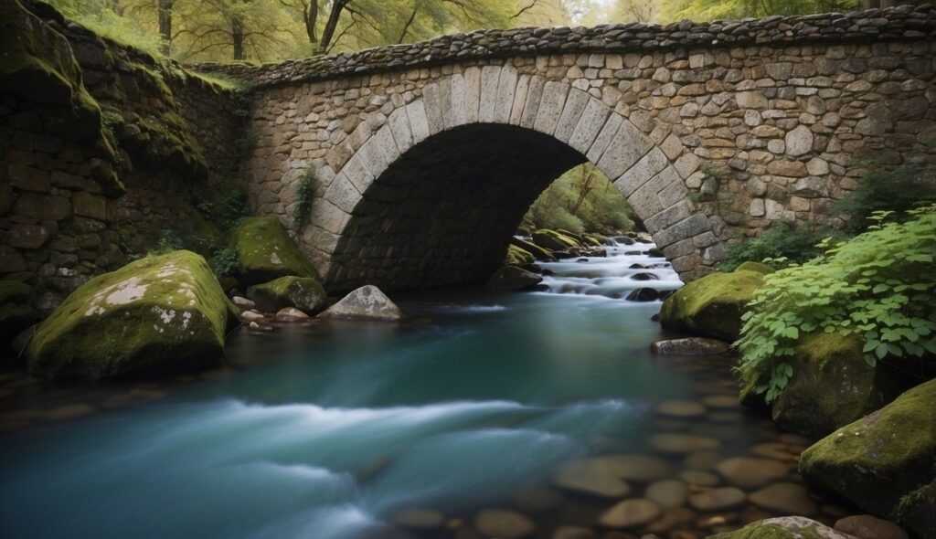 The calm river flows under an old stone bridge, symbolising the passage of time and the resolution of past conflicts to denote the meaning of the idiom "water under the bridge"