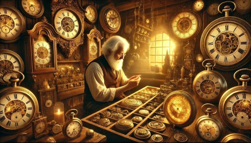 A cozy, vintage clockmaker's workshop with an elderly craftsman working on a glowing, golden pocket watch. The workshop is filled with intricate clocks of various designs, softly ticking. The atmosphere is warm and enchanting, with soft golden light illuminating the scene, creating a magical and timeless feel.