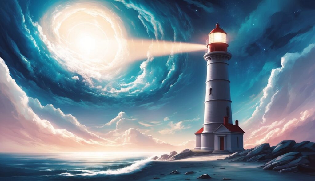 sketch of the lighthouse of forgotten dreams, its beam reaching out into the endless sky