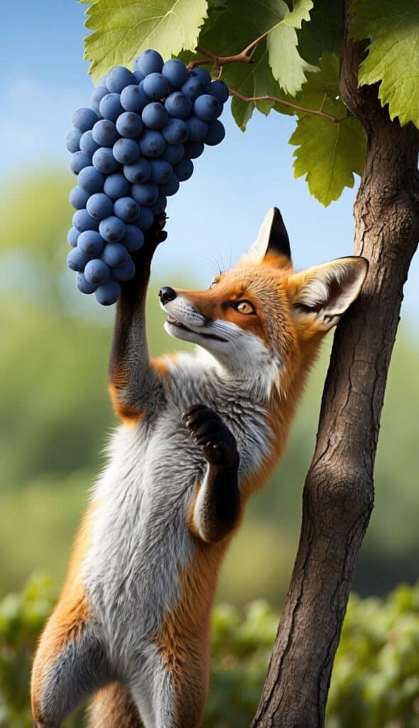 fox jumping at the grapes in the famous Aesop's fable