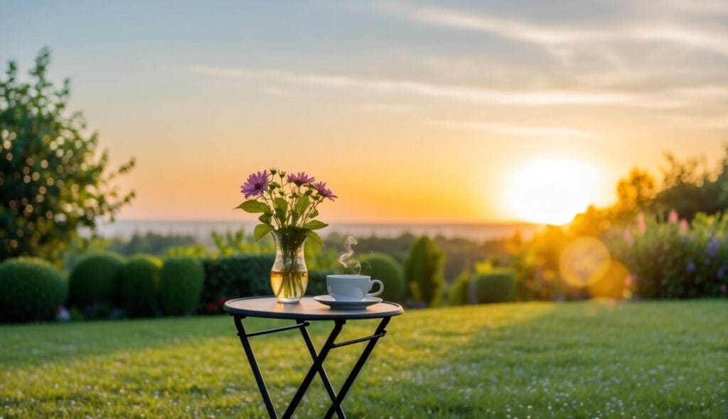 A sun rising over a peaceful garden, with a small table holding a cup of tea and a vase of fresh flowers