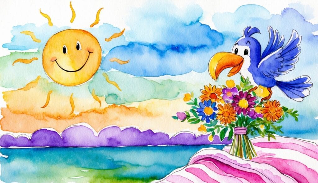 A smiling sun peeking over a horizon of colorful clouds, with a cheerful bird delivering a bouquet of vibrant flowers to a cozy, comforting bed