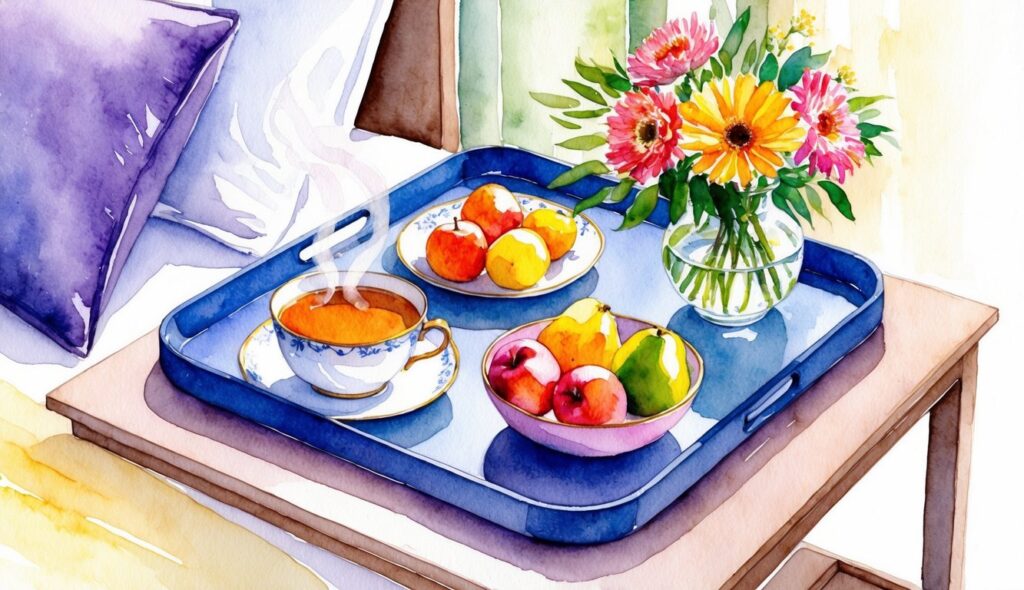 A tray with a steaming cup of tea, a bowl of fresh fruit, and a vase of flowers on a bedside table