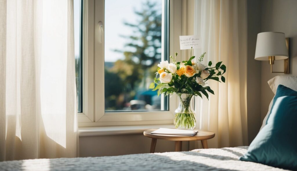 A cozy bedroom with sunlight streaming through the window onto a bedside table with a vase of fresh flowers and a handwritten note