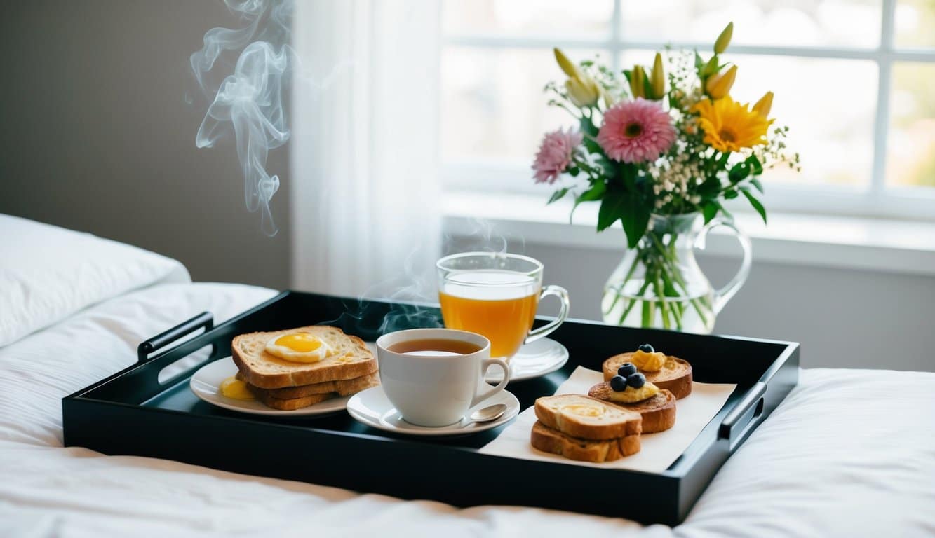 A tray of breakfast in bed with a steaming cup of tea, a vase of fresh flowers, and a handwritten note