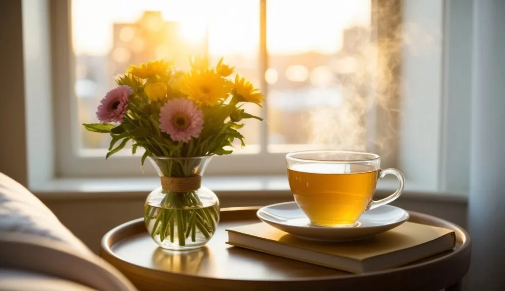 A warm cup of tea and a bouquet of fresh flowers on a bedside table. Sunlight streaming through the window, casting a comforting glow on the room