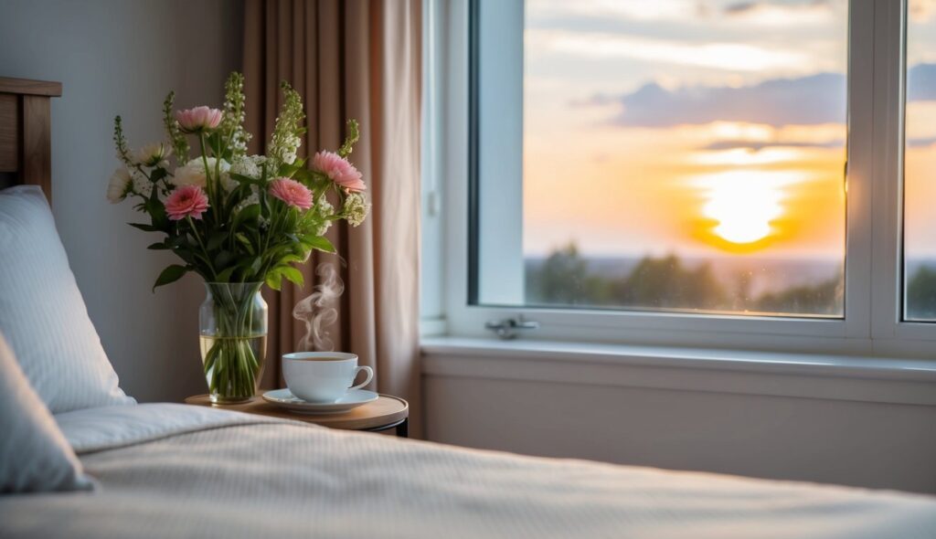 A cozy bedroom with a bedside table holding a vase of fresh flowers and a steaming cup of tea, with a window revealing a peaceful sunrise outside