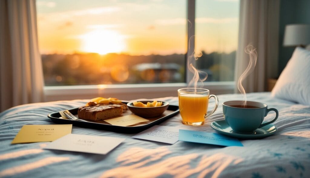 A cheerful sun rises over a cozy bed with a tray of breakfast and a steaming cup of tea, surrounded by get well cards and a caring note from a loving wife