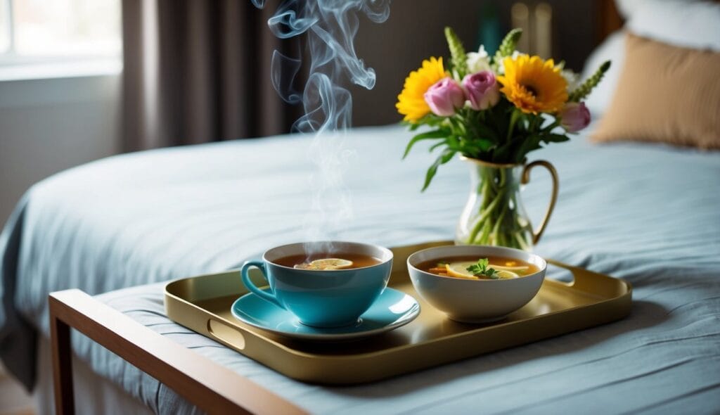 A tray with a steaming cup of tea, a bowl of soup, and a vase of fresh flowers on a bedside table