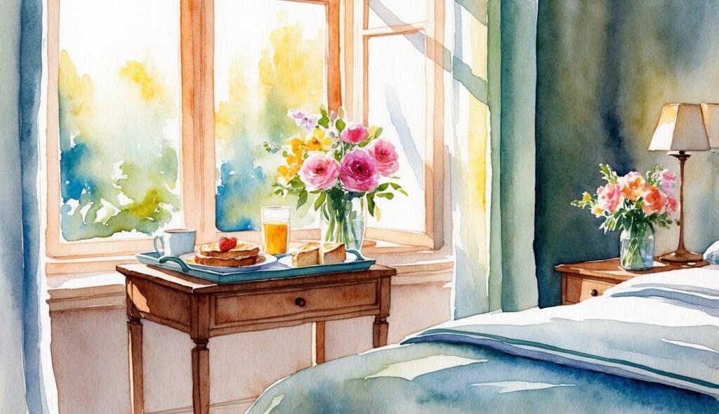 A cozy bedroom with a tray of breakfast and flowers on the bedside table, sunlight streaming in through the window