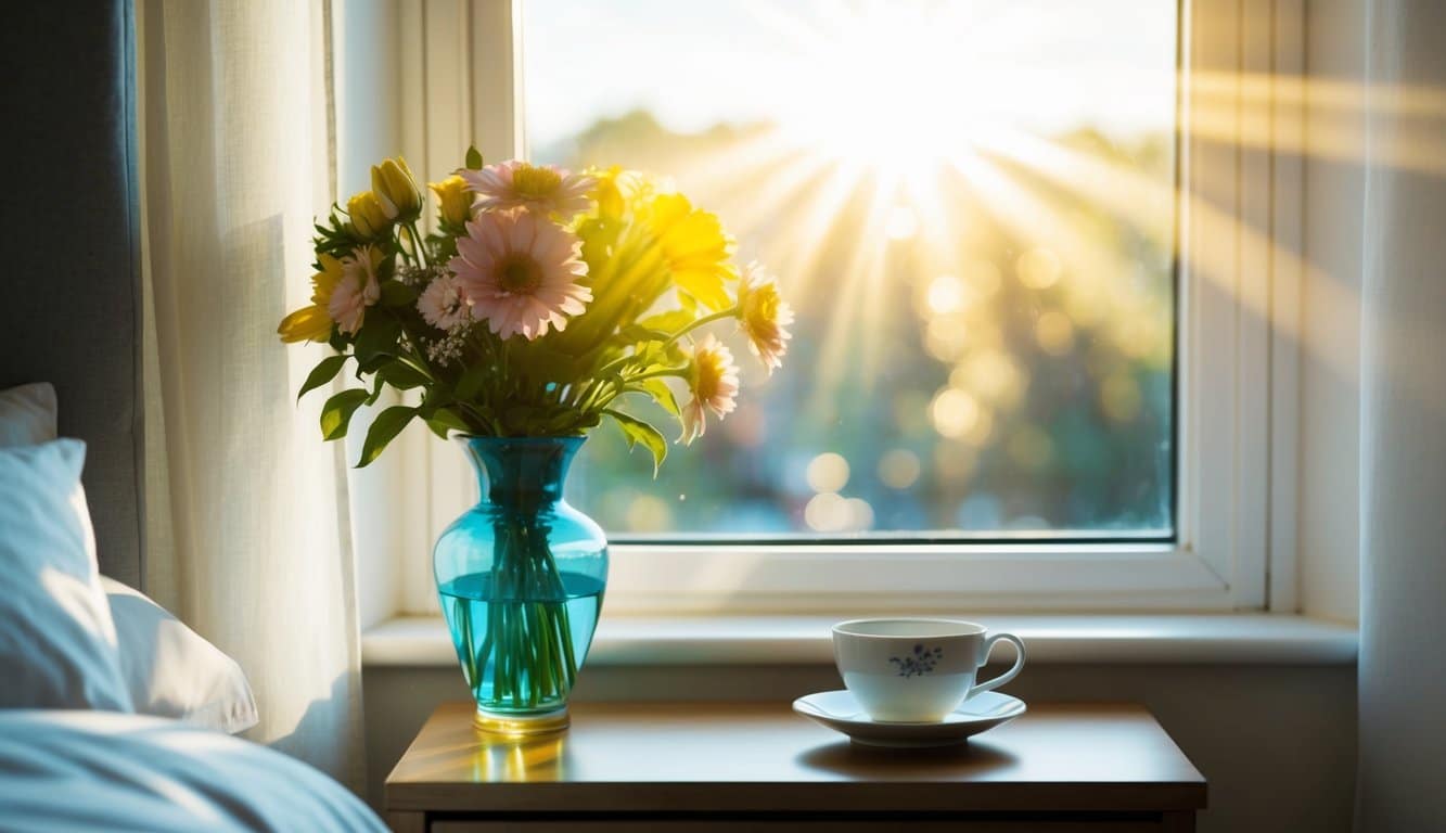 A ray of sunlight streaming through a window onto a bedside table with a vase of fresh flowers and a cup of tea